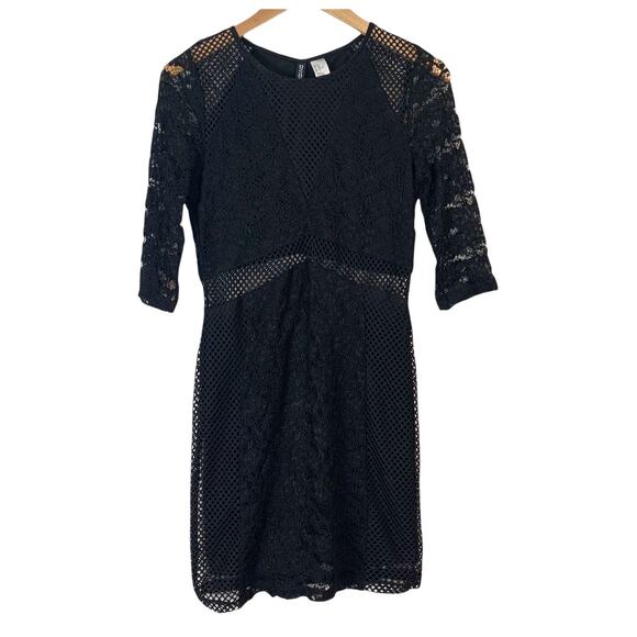 H&M Black Lace Mesh Dress 3/4 Sleeve Sheath 10 M Medium Little Black Dress LBD - Picture 3 of 11
